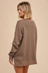 Mocha Waffle Knit Deep V-Neck Top