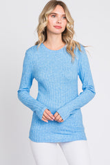 Blue Ribbed Long Sleeve Top