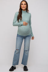 Green Ribbed Long Sleeve Maternity Turtle Neck Top