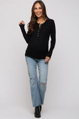 Black Ribbed Knit Button Long Sleeve Maternity Top