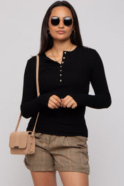 Black Ribbed Knit Button Long Sleeve Top