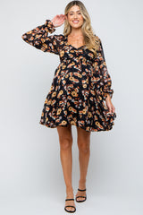 Black Floral Chiffon Sweetheart Neck Long Puff Sleeve Maternity Dress