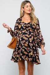 Black Floral Chiffon Sweetheart Neck Long Puff Sleeve Maternity Dress