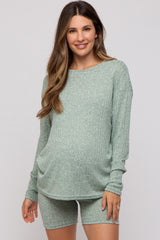 Green Ribbed Long Sleeve Maternity Shorts Set