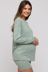 Green Ribbed Long Sleeve Maternity Shorts Set