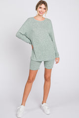 Green Ribbed Long Sleeve Maternity Shorts Set