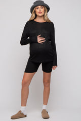 Black Ribbed Long Sleeve Maternity Shorts Set