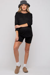 Black Ribbed Long Sleeve Maternity Shorts Set