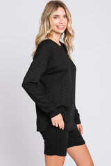 Black Ribbed Long Sleeve Shorts Set