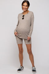 Mocha Ribbed Long Sleeve Maternity Shorts Set