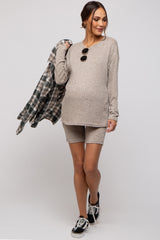 Mocha Ribbed Long Sleeve Maternity Shorts Set