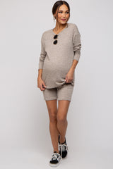 Mocha Ribbed Long Sleeve Maternity Shorts Set