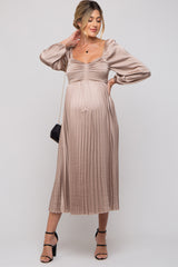 Mocha Sweetheart Pleated Long Sleeve Maternity Midi Dress