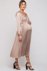 Mocha Sweetheart Pleated Long Sleeve Maternity Midi Dress