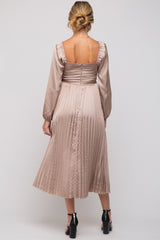 Mocha Sweetheart Pleated Long Sleeve Maternity Midi Dress