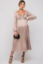 Mocha Sweetheart Pleated Long Sleeve Maternity Midi Dress