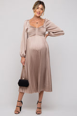 Mocha Sweetheart Pleated Long Sleeve Maternity Midi Dress