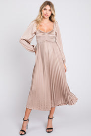 Mocha Sweetheart Pleated Long Sleeve Midi Dress