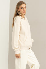 Cream Front Pocket Hooded Fleece Sweatshirt