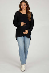 Black Chunky Knit Side Slit Maternity Sweater