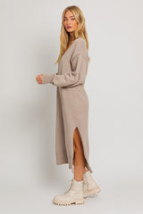 Taupe V-Neck Side Slit Midi Sweater Dress