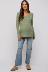 Light Olive V-Neck Basic Maternity Sweater