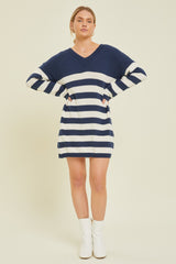 Navy Striped V-Neck Maternity Sweater Dress