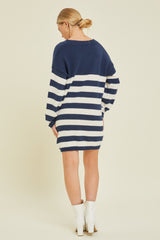 Navy Striped V-Neck Sweater Dress