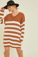 Camel Striped V-Neck Maternity Sweater Dress