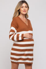 Camel Striped V-Neck Maternity Sweater Dress