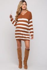 Camel Striped V-Neck Maternity Sweater Dress