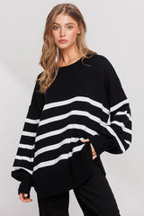 Black Striped Oversized Side Slit Maternity Sweater