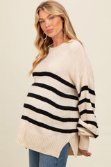 Beige Striped Oversized Side Slit Maternity Sweater