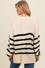 Beige Striped Oversized Side Slit Maternity Sweater