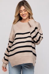 Beige Striped Oversized Side Slit Maternity Sweater