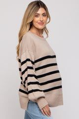 Beige Striped Oversized Side Slit Maternity Sweater