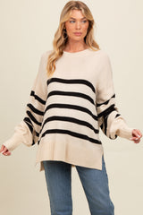 Beige Striped Oversized Side Slit Maternity Sweater