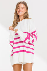 Fuchsia Striped Oversized Side Slit Maternity Sweater