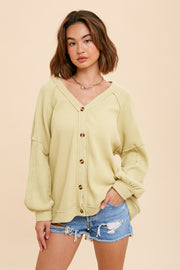 Lime Waffle Knit Button Long Sleeve Top