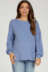 Blue Ribbed Long Sleeve Maternity Top