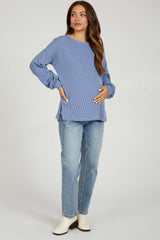 Blue Ribbed Long Sleeve Maternity Top