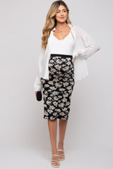 Black Floral Knit Maternity Midi Skirt