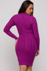 Magenta Cable Knit Mock Neck Long Sleeve Sweater Dress