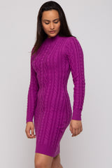 Magenta Cable Knit Mock Neck Long Sleeve Sweater Dress