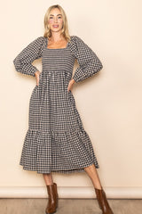 Black Gingham Long Sleeve Maternity Midi Dress