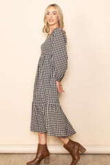 Black Gingham Long Sleeve Midi Dress