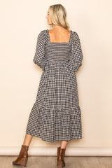 Black Gingham Long Sleeve Midi Dress