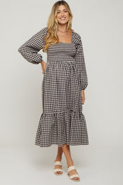 Black Gingham Long Sleeve Maternity Midi Dress