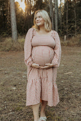 Rust Gingham Long Sleeve Maternity Midi Dress