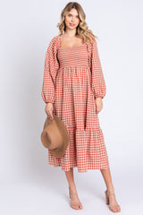 Rust Gingham Long Sleeve Maternity Midi Dress